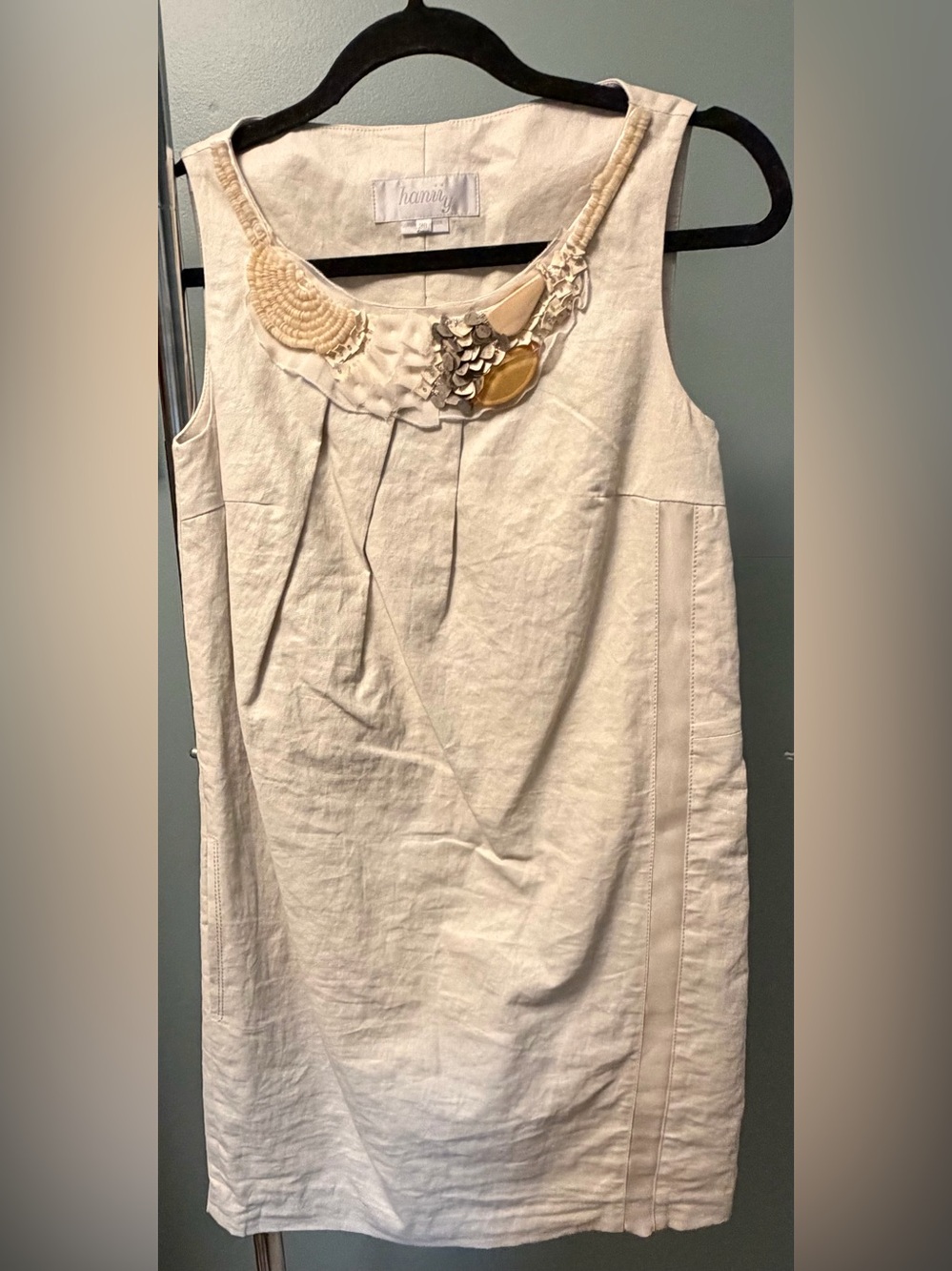 Embellished Cream Midi Dress with Appliqué Neckline